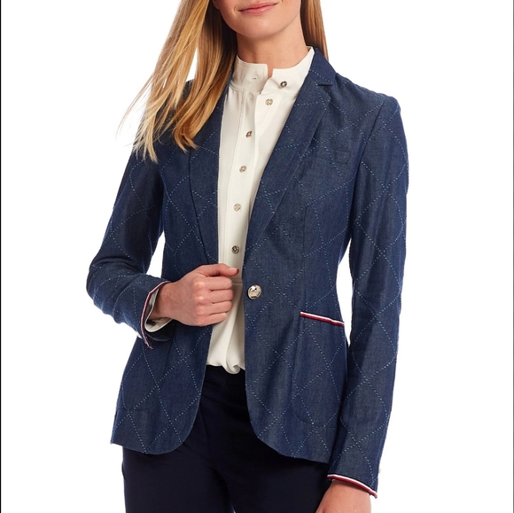 NWOT Classic Tommy Hilfiger Chambray Blazer Preppy Hamptons - Picture 1 of 6